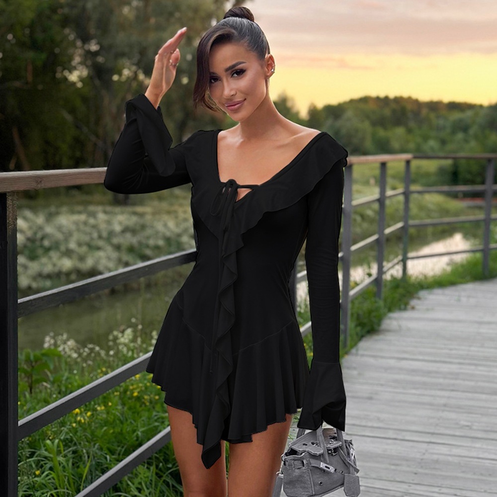 OM- 2024 Lotus Leaf Edge Pointed Collar Tie-Up Bell Sleeve Dress