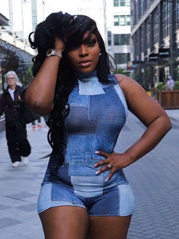 OM-2025 Summer New Casual Sleeveless Denim Printed Waist-cinching and Butt-lifting Jumpsuit